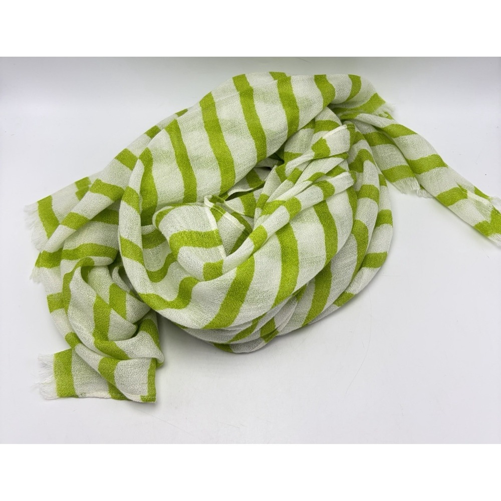 Echo Womens Scarf Green White Stripe Sheer Gauzy Oblong Fringe Coastal Beachy
